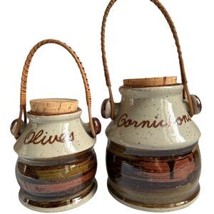Vintage Rustic Ceramic Olive and Cornichon Jars with Wicker Handles and Corks